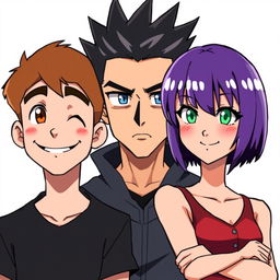 Three anime-style characters standing closely together and looking forward
