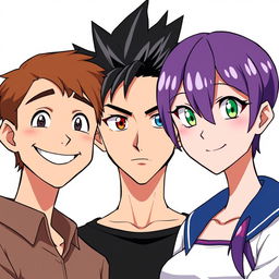 Three anime-style characters standing closely together and looking forward