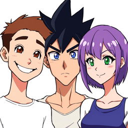 Three anime-style characters standing closely together and looking forward