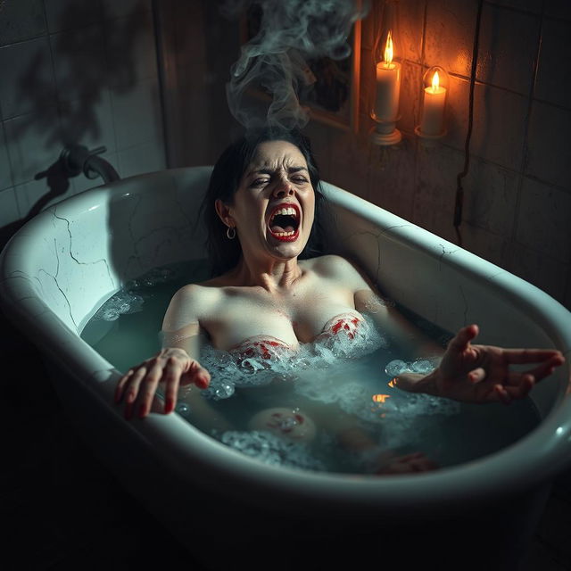 A horrifying scene of a woman melting in a bathtub filled with superacid