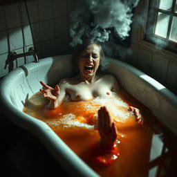 A horrifying scene of a woman melting in a bathtub filled with superacid