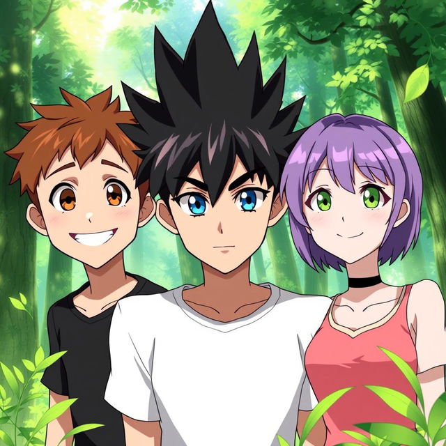 Three anime-style characters standing closely together in a lush forest, looking forward