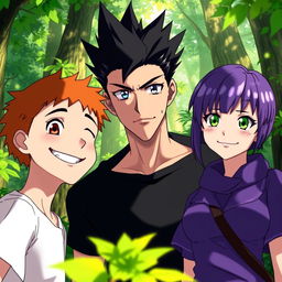 Three anime-style characters standing closely together in a lush forest, looking forward