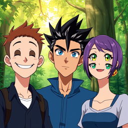 Three anime-style characters standing closely together in a lush forest, looking forward