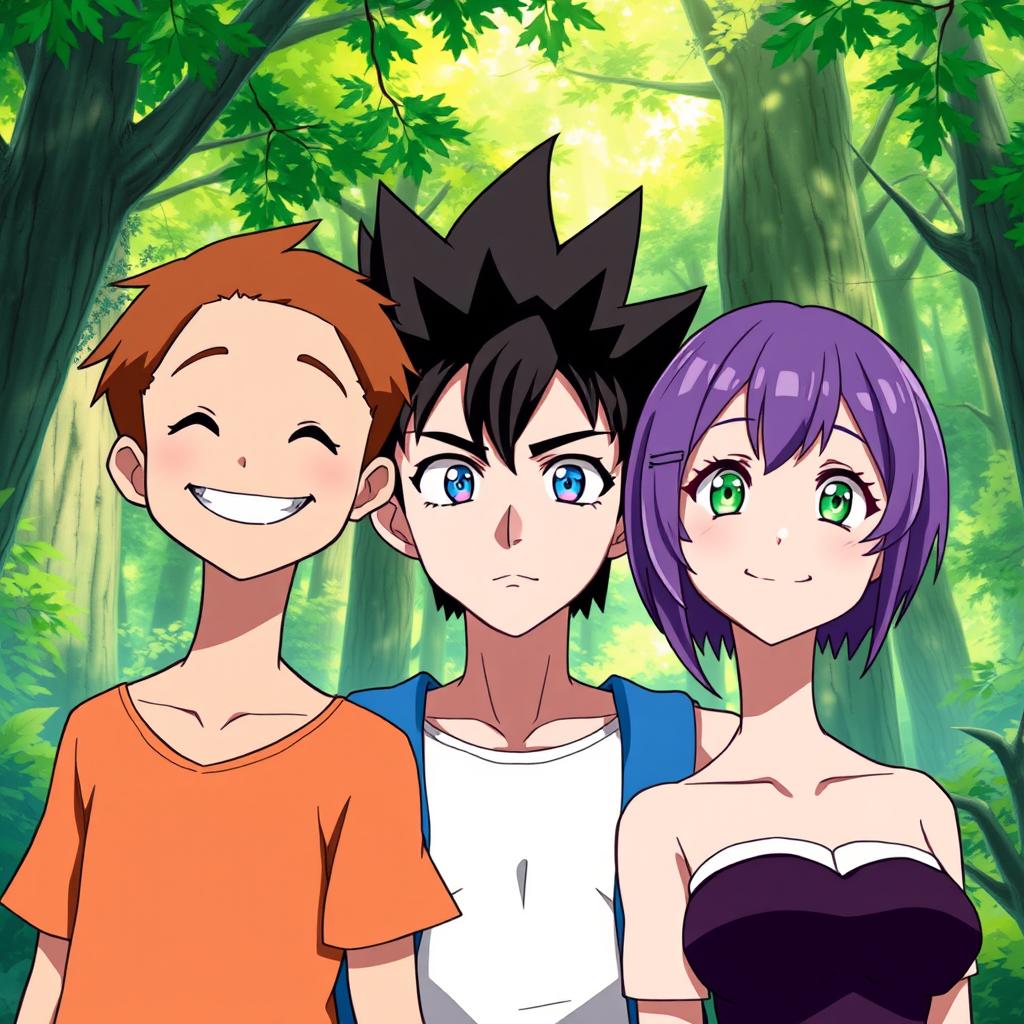 Three anime-style characters standing closely together in a lush forest, looking forward