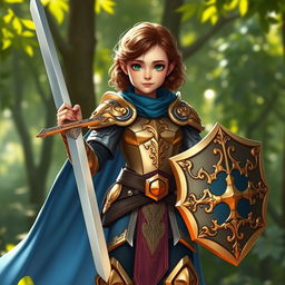 A female halfling paladin standing confidently, clad in shining armor with intricate gold detailing and a blue cape flowing behind her