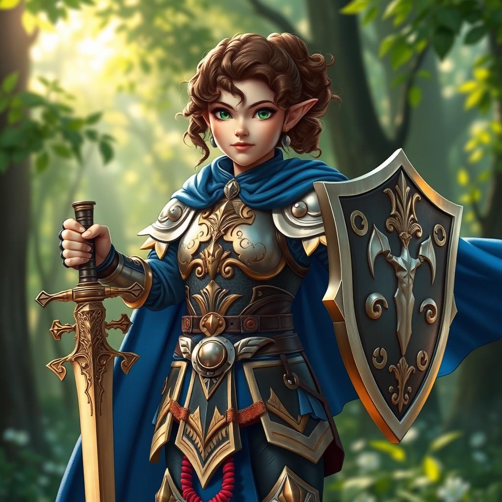 A female halfling paladin standing confidently, clad in shining armor with intricate gold detailing and a blue cape flowing behind her