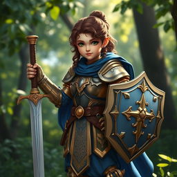 A female halfling paladin standing confidently, clad in shining armor with intricate gold detailing and a blue cape flowing behind her