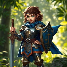 A female halfling paladin standing confidently, clad in shining armor with intricate gold detailing and a blue cape flowing behind her