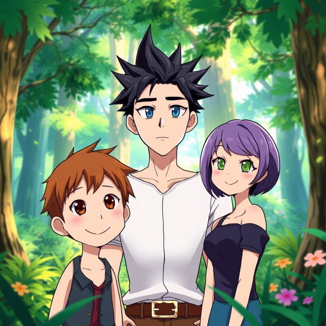 Three anime-style characters standing close together in a vibrant forest, looking forward