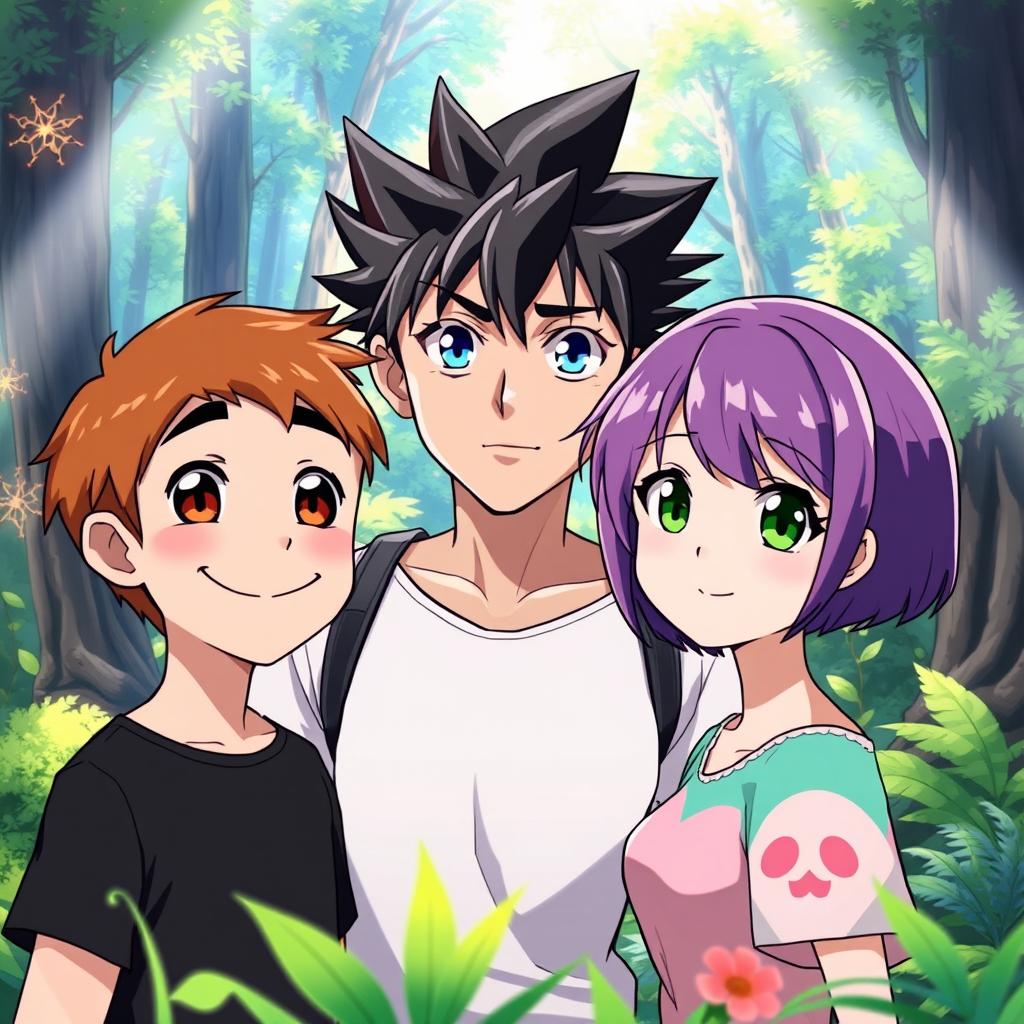 Three anime-style characters standing close together in a vibrant forest, looking forward