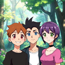 Three anime-style characters standing close together in a vibrant forest, looking forward