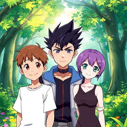 Three anime-style characters standing close together in a vibrant forest, looking forward
