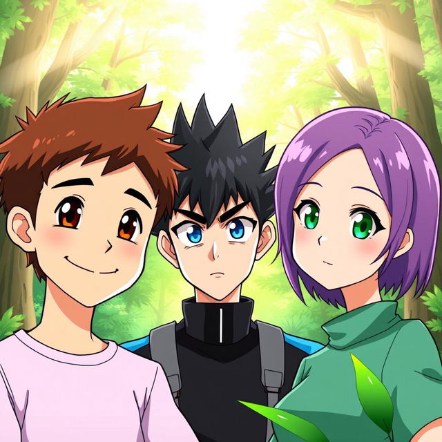 Three anime-style characters standing together in a forest, all looking forward