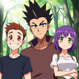 Three anime-style characters standing together in a forest, all looking forward