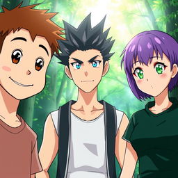 Three anime-style characters standing together in a forest, all looking forward