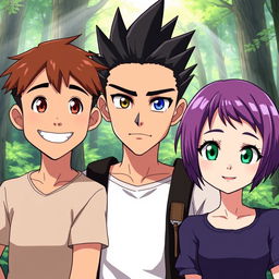 Three anime-style characters standing together in a forest, all looking forward