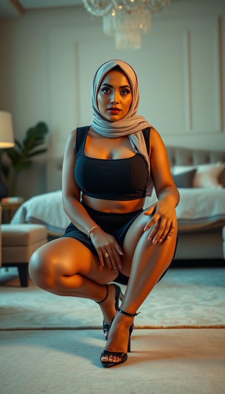 A 47-year-old classy woman in a stylish hijab is squatting in a chic bedroom environment