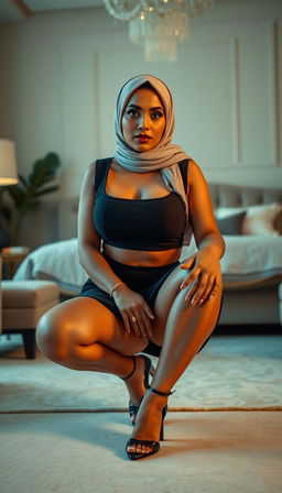 A 47-year-old classy woman in a stylish hijab is squatting in a chic bedroom environment