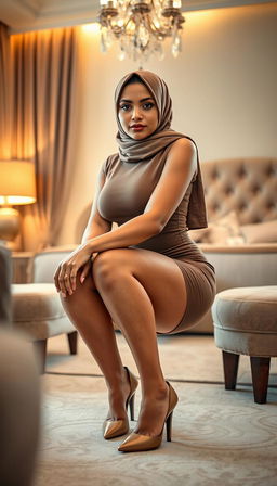 A 47-year-old classy woman in a stylish hijab is squatting in a chic bedroom environment