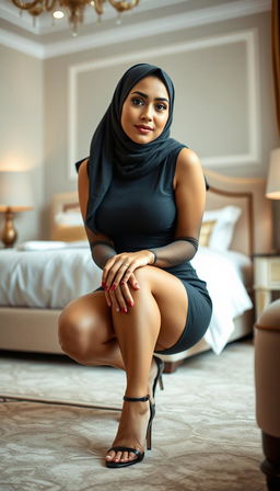 A 47-year-old classy woman in a stylish hijab is squatting in a chic bedroom environment