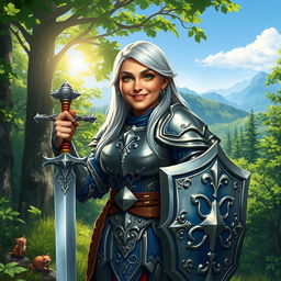 An older female halfling paladin standing confidently in a lush forest setting