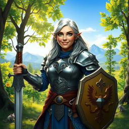 An older female halfling paladin standing confidently in a lush forest setting
