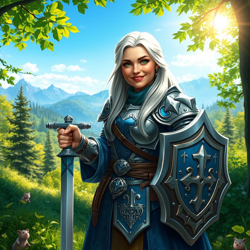An older female halfling paladin standing confidently in a lush forest setting