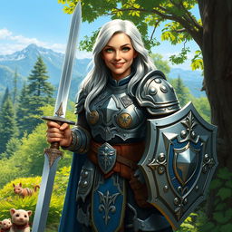 An older female halfling paladin standing confidently in a lush forest setting