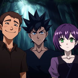 Three anime-style characters standing together in a dense, mystical forest, looking forward with serious expressions