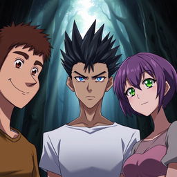 Three anime-style characters standing together in a dense, mystical forest, looking forward with serious expressions