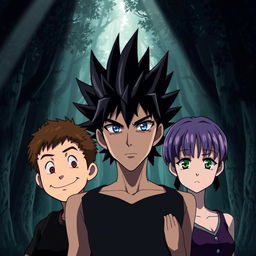 Three anime-style characters standing together in a dense, mystical forest, looking forward with serious expressions