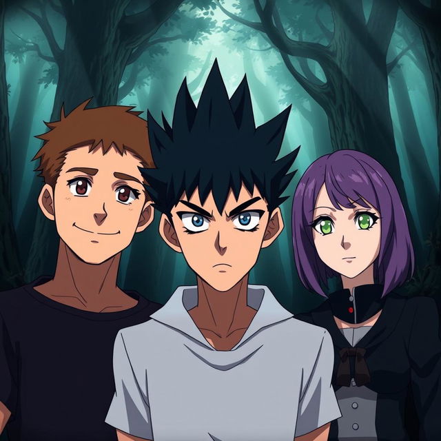 Three anime-style characters standing together in a dense, mystical forest, looking forward with serious expressions