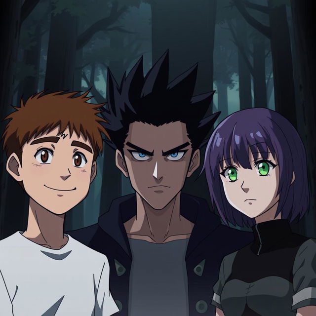 Three anime-style characters standing together in a shadowy forest, looking forward with serious expressions