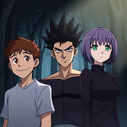 Three anime-style characters standing together in a shadowy forest, looking forward with serious expressions