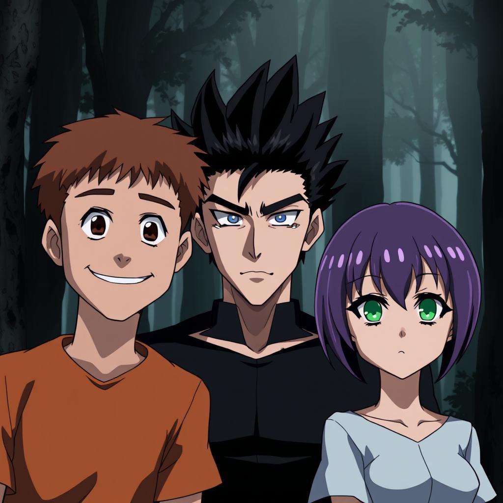 Three anime-style characters standing together in a shadowy forest, looking forward with serious expressions