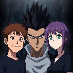 Three anime-style characters standing together in a shadowy forest, looking forward with serious expressions