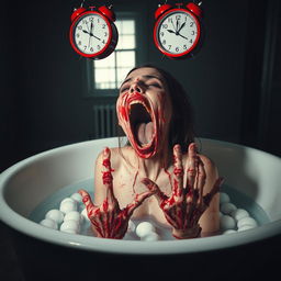 An unsettling and horrifying scene of a woman melting in a bathtub filled with superacid