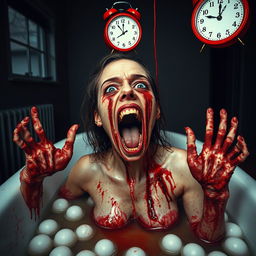 An unsettling and horrifying scene of a woman melting in a bathtub filled with superacid
