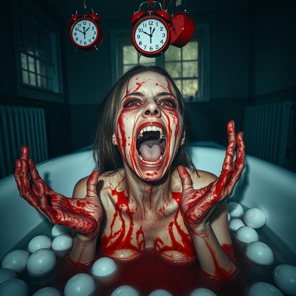 An unsettling and horrifying scene of a woman melting in a bathtub filled with superacid