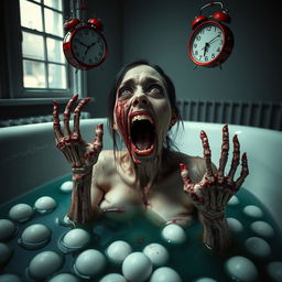 An unsettling and horrifying scene of a woman melting in a bathtub filled with superacid