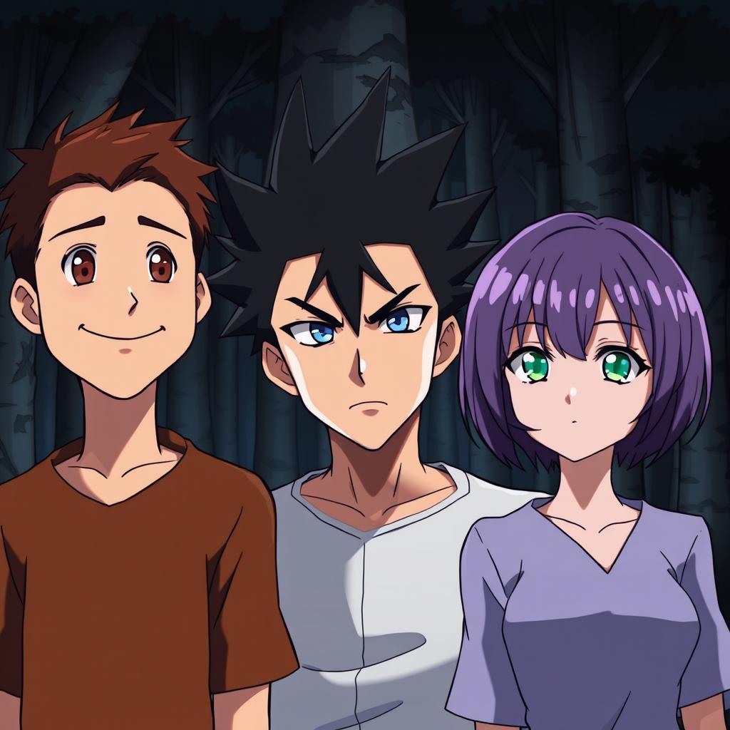 Three anime-style characters standing together in a dimly lit forest, looking forward with serious expressions