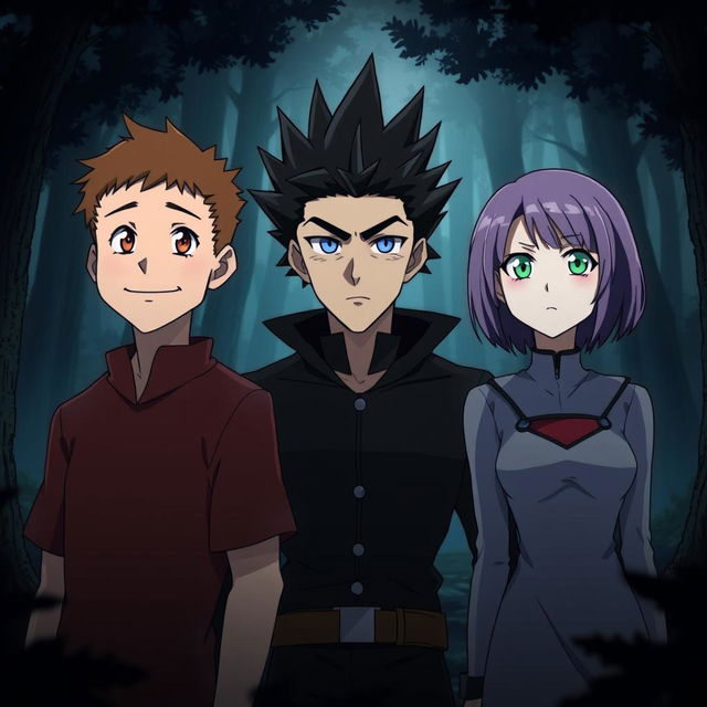 Three anime-style characters standing together in a dimly lit forest, looking forward with serious expressions