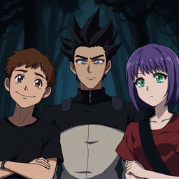 Three anime-style characters standing together in a dimly lit forest, looking forward with serious expressions