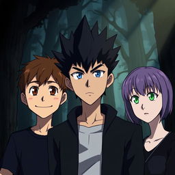 Three anime-style characters standing together in a dimly lit forest, looking forward with serious expressions