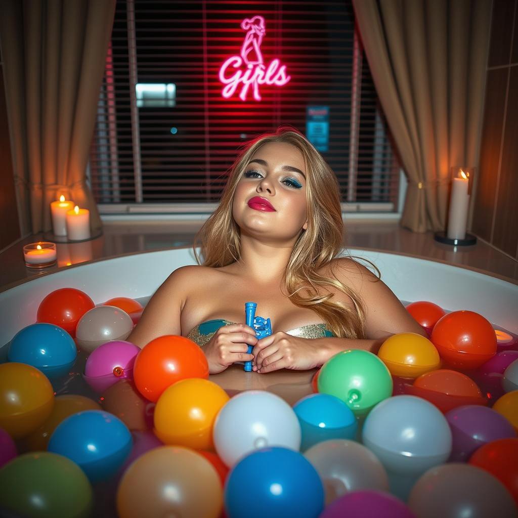 A captivating image of a young woman with long blond hair, relaxing in a luxurious bathtub filled with colorful balloons in various pastel shades, including pink, blue, and yellow