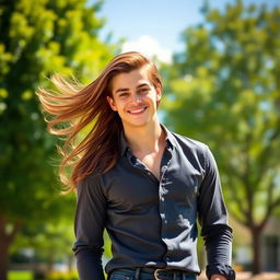 A handsome young man with flowing long hair, elegantly styled, standing confidently with a warm smile