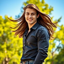 A handsome young man with flowing long hair, elegantly styled, standing confidently with a warm smile