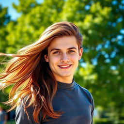 A handsome young man with flowing long hair, elegantly styled, standing confidently with a warm smile