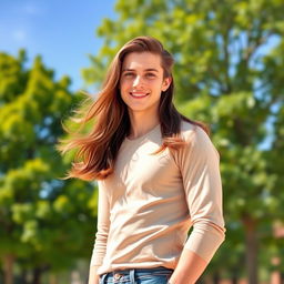 A handsome young man with flowing long hair, elegantly styled, standing confidently with a warm smile